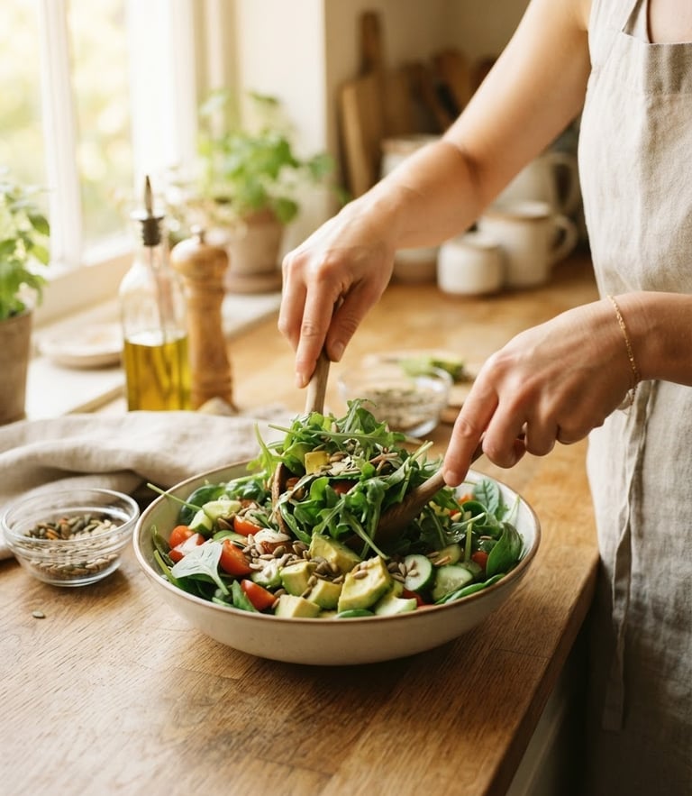 A close-up shot of hands preparing a fresh green salad with avocado and seeds in a sunlit kitchen, soft natural daylight, warm editorial 35mm photography.
