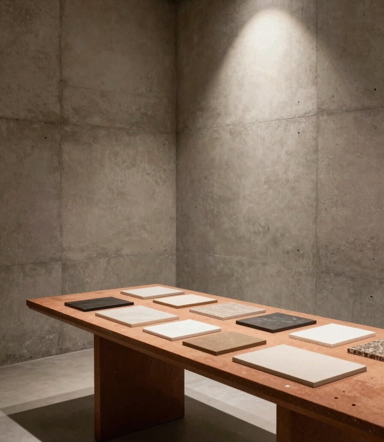 Architectural interior photograph of Lamsa Fania design studio, minimalist concrete walls, warm spotlighting illuminating material samples on a terracotta table, dramatic shadows, editorial composition.