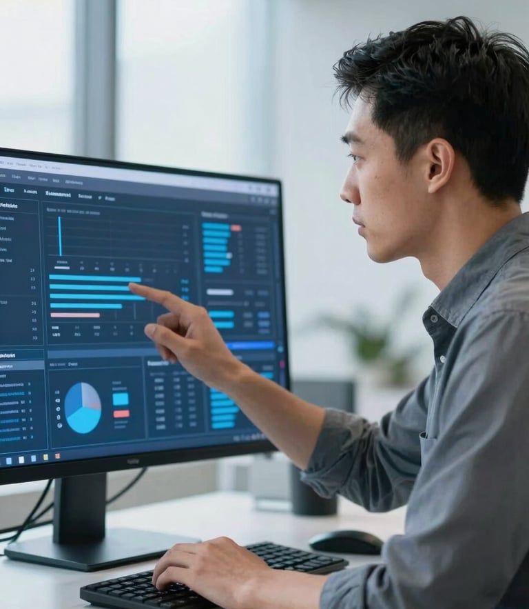 Professional corporate tech portrait of a startup founder analyzing data on a screen, cool blue tones, clean daylight, sharp focus