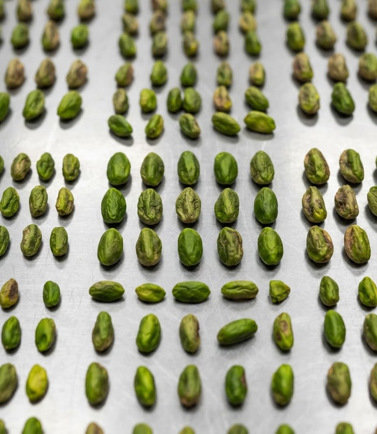 Macro close-up of graded green pistachio kernels arranged on a clean stainless steel testing surface, clinical studio lighting, sharp focus