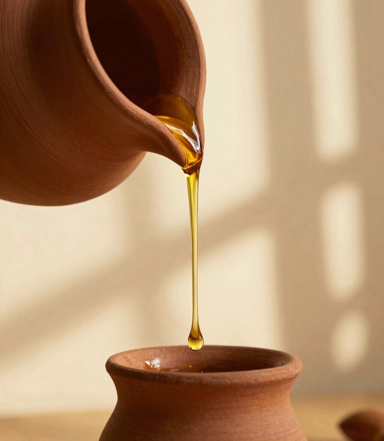Warm editorial portrait of golden cold-pressed argan oil dripping from a clay vessel, soft golden-hour light filtering through screens, rich terracotta and cream tones, shallow depth of field, 35mm