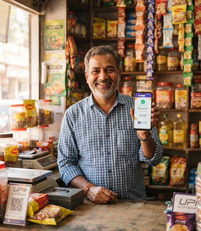 A medium close-up of a smiling Indian merchant standing in his bright neighborhood kirana store, warm natural daylight, holding a smartphone showing a successful UPI transaction.