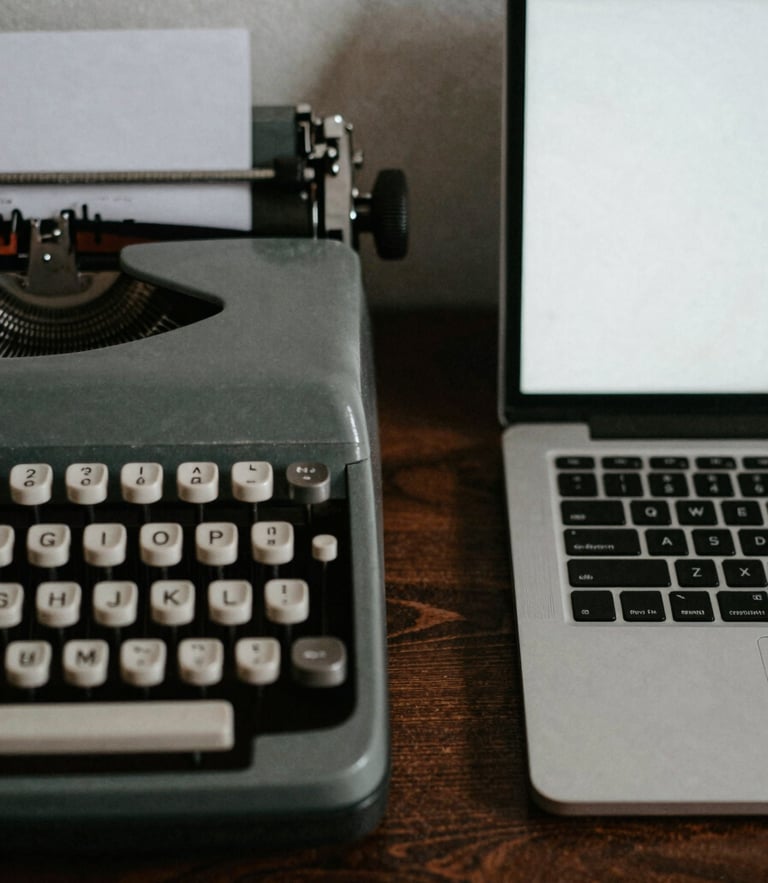 Raw photojournalism, high-contrast dramatic shadow, a close-up of a vintage typewriter and a modern encrypted laptop side-by-side on a dark wooden desk, moody lighting, 35mm film grain