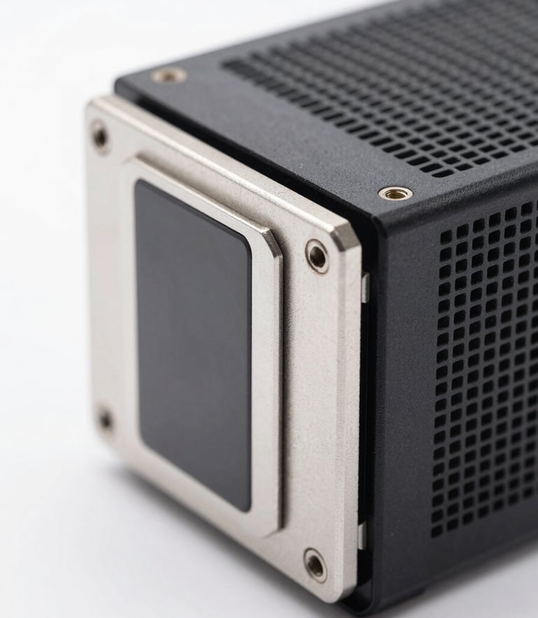 Macro close-up of high-end server hardware with sharp metallic edges, crisp shadows, pure white backdrop, bright studio lighting