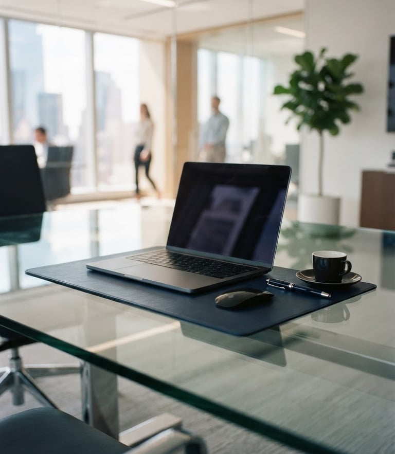 Close-up of a pristine, modern glass office desk reflecting soft natural light, clean lines, professional atmosphere, 35mm