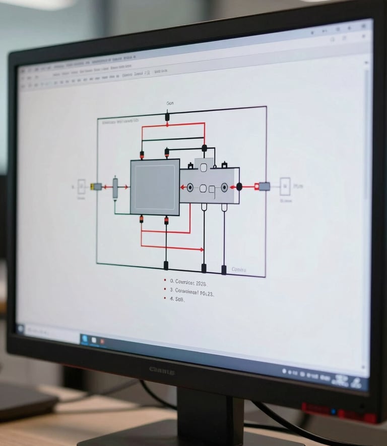 Macro shot of a clean technical solar electrical single-line diagram on a computer monitor, soft daylight illumination, professional engineering office environment.