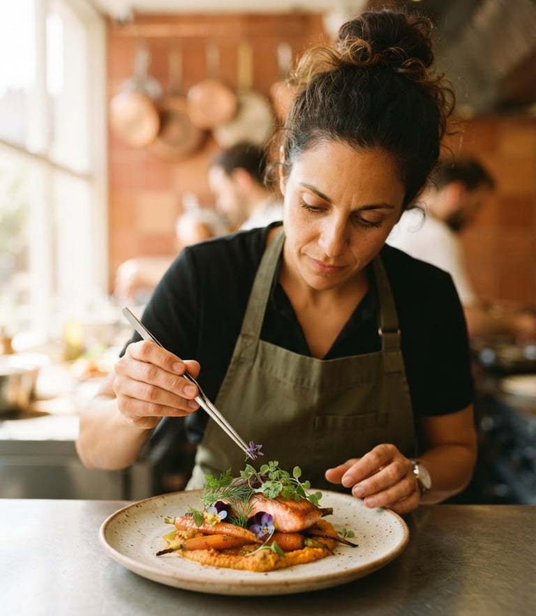 Close-up of chef Carla Sponda plating a vibrant dish with fresh herbs and edible flowers, warm natural daylight, shallow depth of field, 35mm