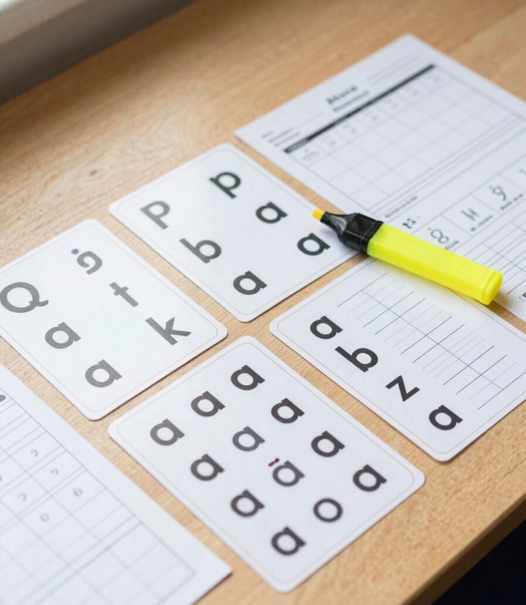 Overhead flat lay of printed phonics cards, tracking sheets, and a yellow highlighter on a clean wooden teacher's desk, bright natural daylight