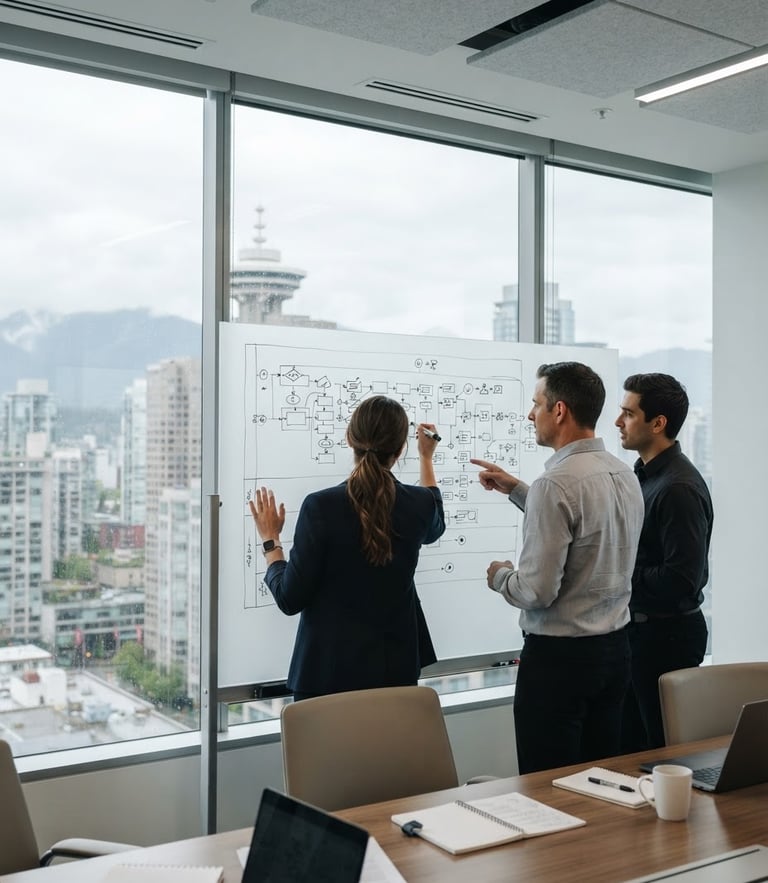 Over-the-shoulder view of collaborative business analysts mapping a complex system process on a whiteboard in a bright modern Vancouver boardroom, natural overcast daylight, cool gray tones, 35mm lens.