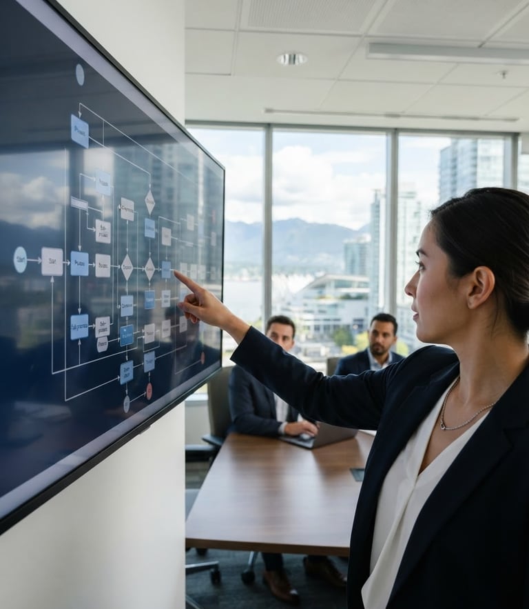 Over-the-shoulder shot of a business analyst pointing to a complex process flowchart on a screen in a bright Vancouver corporate boardroom, daylight
