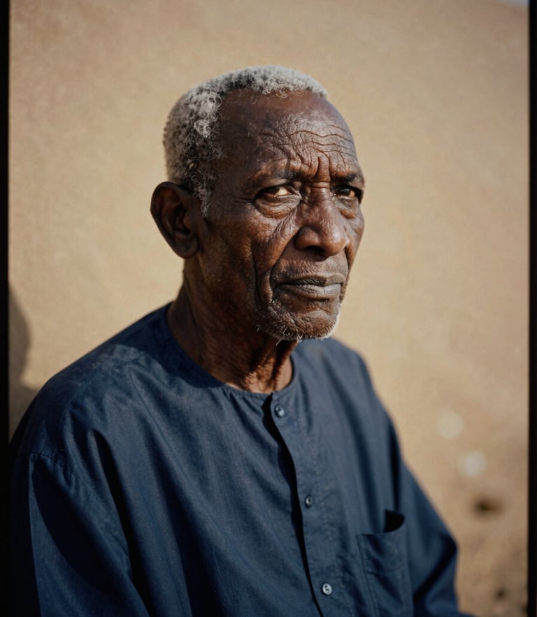 Moody editorial portrait of a Somali elder in soft side-shadow, warm sand tones, dramatic natural light, 35mm film grain