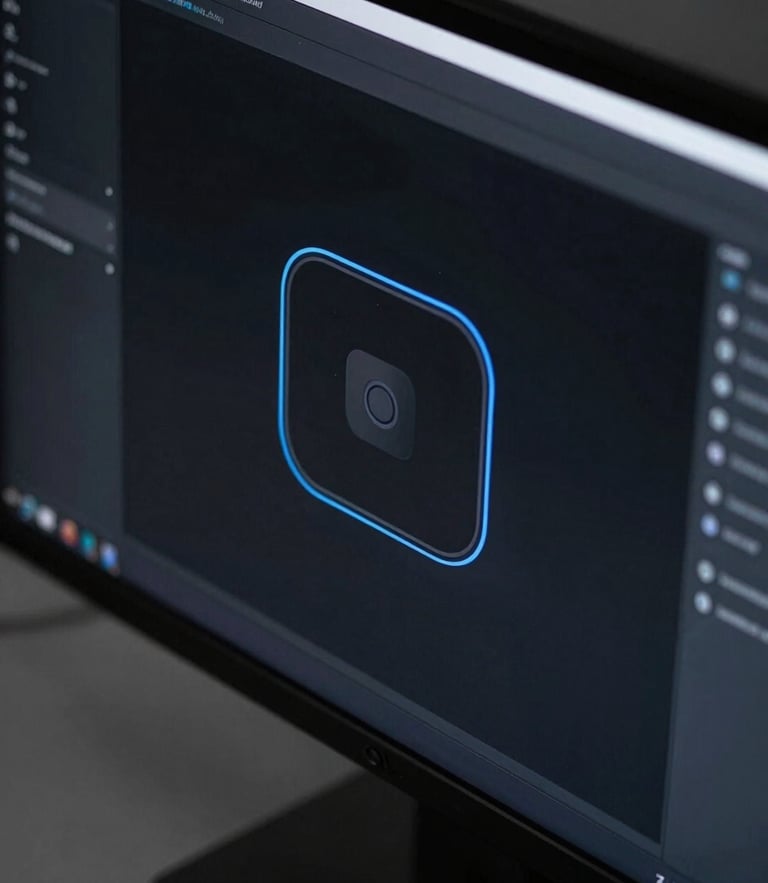 Sleek close-up of a digital interface on a high-end monitor, moody dark-mode tech photography, sharp blue rim lighting, high contrast deep shadows, macro lens