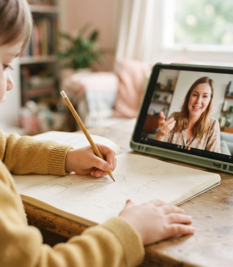 Warm editorial photo of a child's hands holding a wooden pencil, writing on a sketchpad beside a tablet showing a friendly tutor, soft natural daylight, 35mm