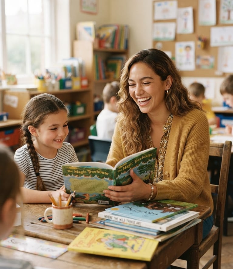 Warm editorial portrait of a smiling female primary school tutor sitting at a wooden desk with children's storybooks, soft natural daylight, 35mm.