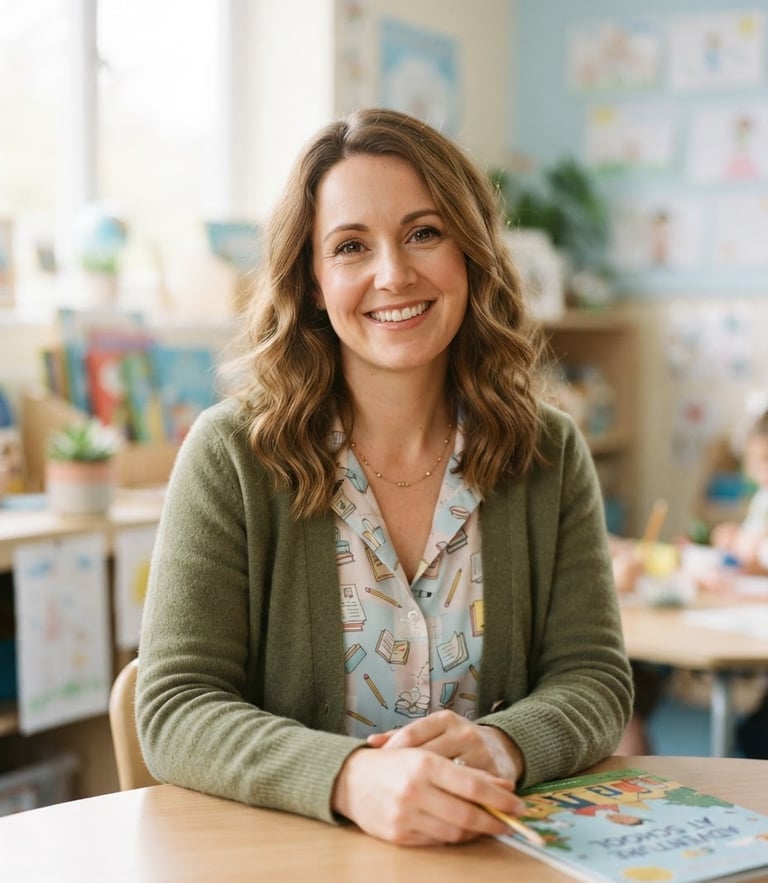 Warm, smiling portrait of a professional primary school tutor looking directly at the camera, soft natural daylight, gentle pastel tones, shallow depth of field, 35mm