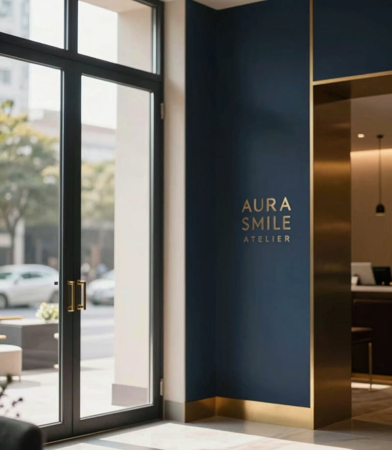 Serene architectural shot of Aura Smile Atelier lobby, warm editorial photography, soft natural window light, deep navy and gold accents, shallow depth of field, 85mm