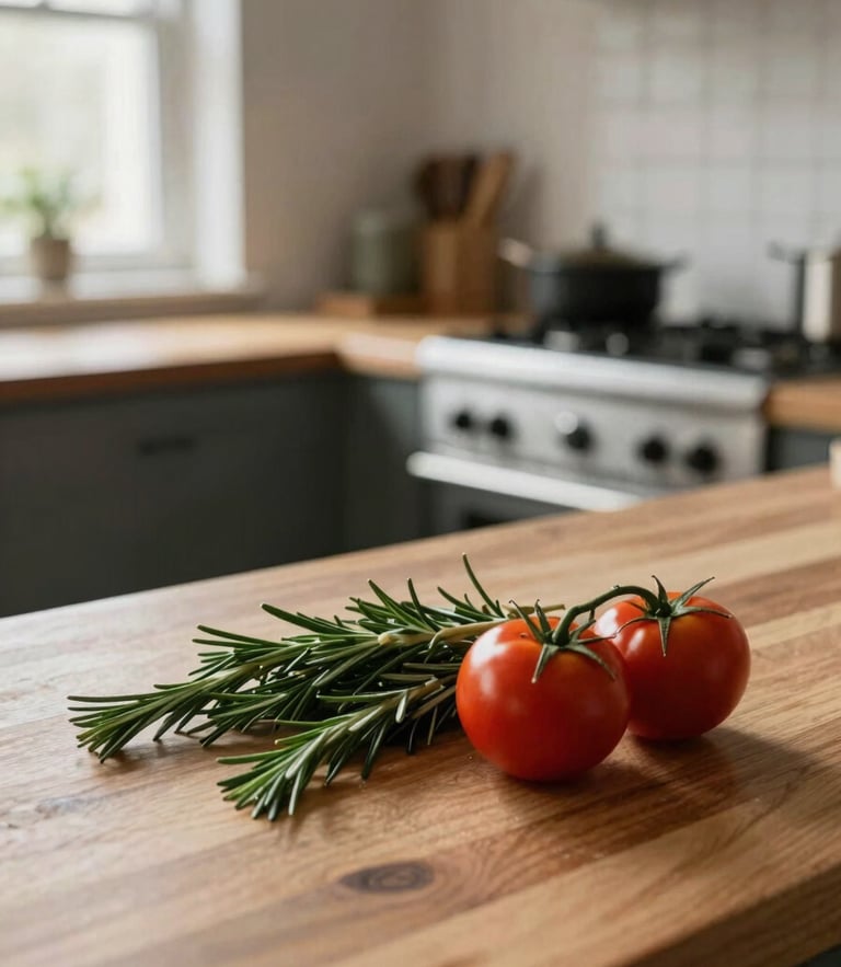 Close-up environmental shot of a cozy Scandinavian-style restaurant kitchen, warm natural light coming from a window, fresh rosemary and tomatoes on a wooden counter, blurred background