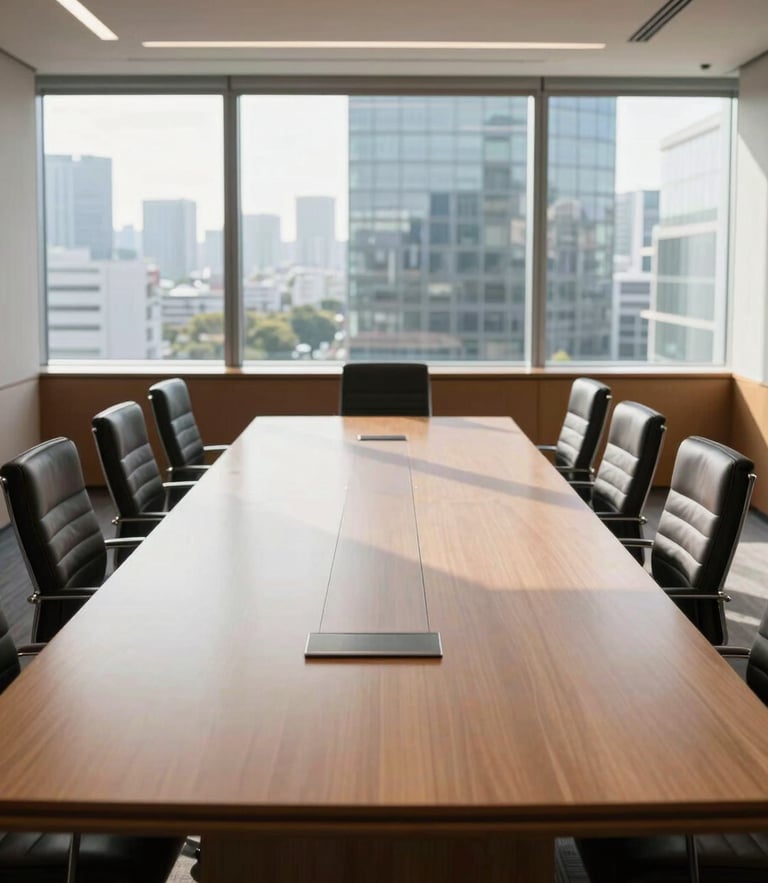 Meticulously arranged corporate boardroom in Tokyo, natural daylight streaming through large windows, minimalist wooden table, formal leather chairs, high-contrast clean aesthetic.