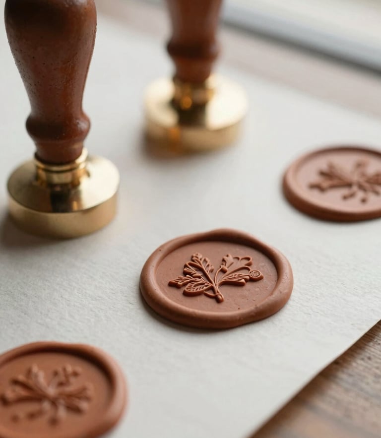 Macro details of hand-pressed terracotta wax seals on deckled edge paper, soft morning window light, shallow depth of field, warm wedding editorial style