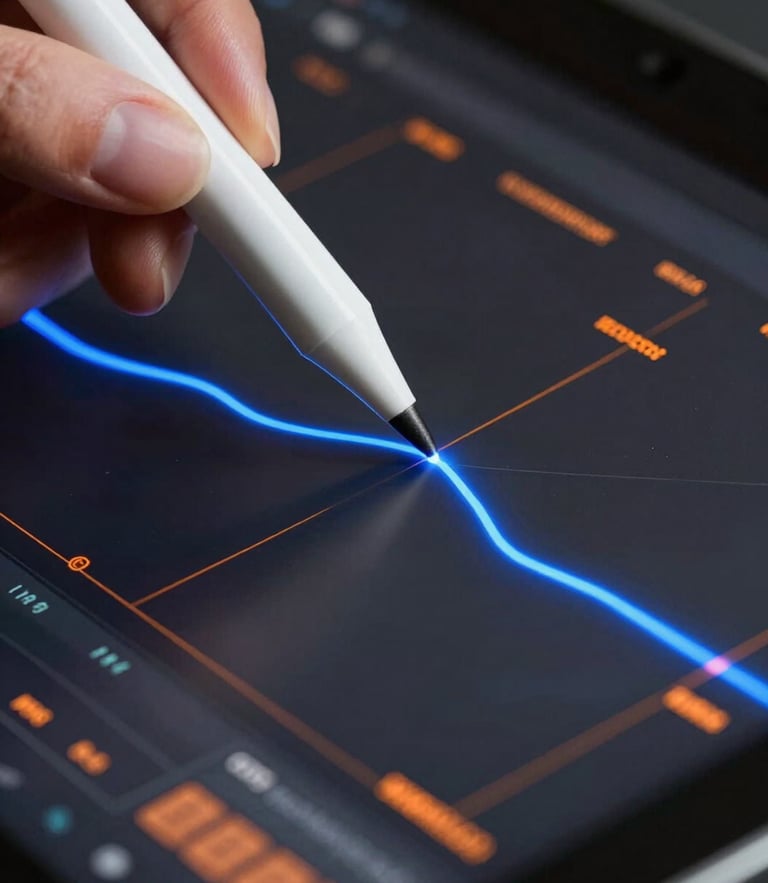 Extreme close-up macro shot of a drawing tablet screen. A stylus tip makes contact with a glowing blue vector line, showing orange real-time rendering calculations and technical UI coordinates overlaying a dark studio background.