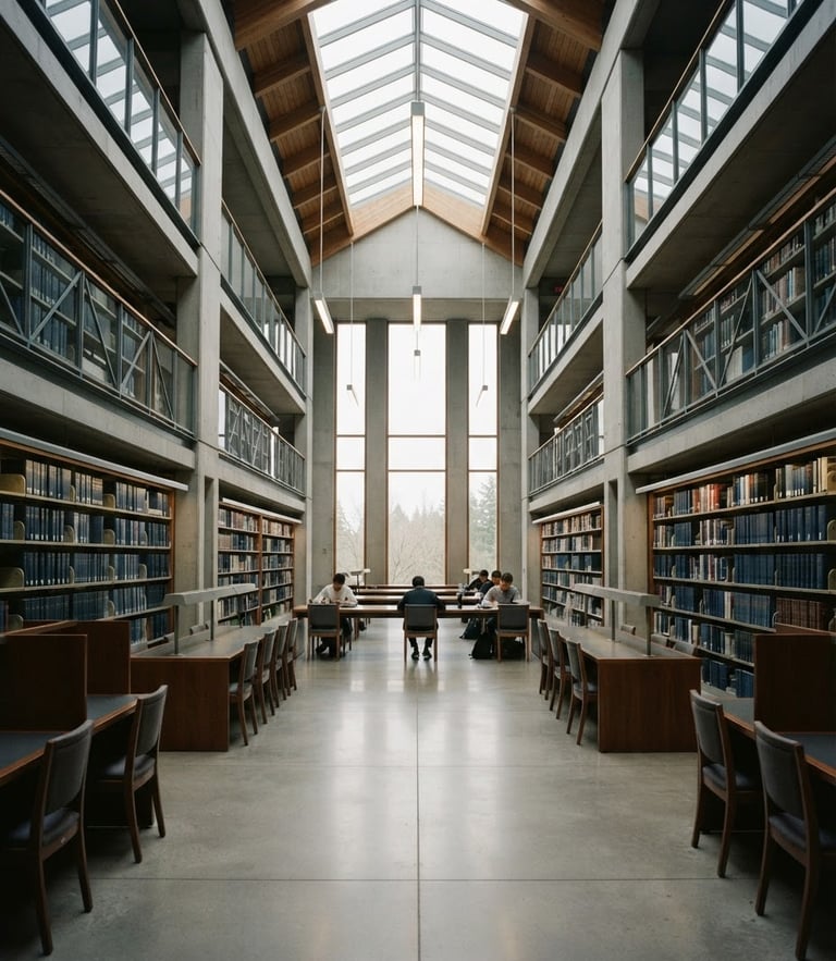 Symmetrical architectural shot of a quiet modern university library interior, soft diffused overcast daylight, slate tones, 35mm