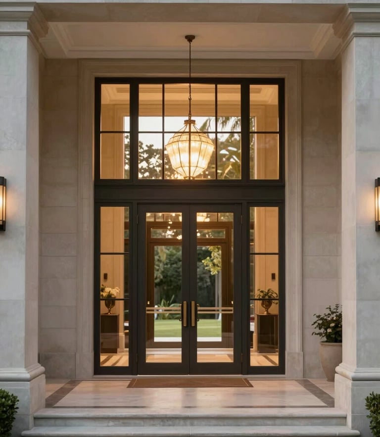 Architectural symmetry of a luxury modern villa entrance, soft natural window light, warm elegant tones, 35mm photography
