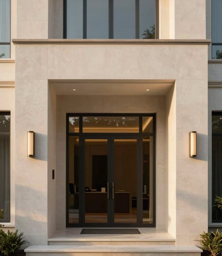 Symmetrical architectural shot of a minimalist luxury villa entrance, soft golden hour light, warm editorial photography