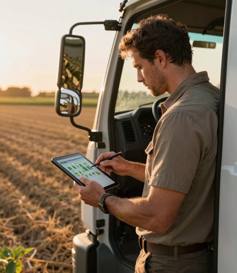 A farm manager in a clean truck cab reviewing agricultural data on a tablet, warm golden-hour sunlight casting long shadows across the fields outside, 35mm lens, warm editorial photography