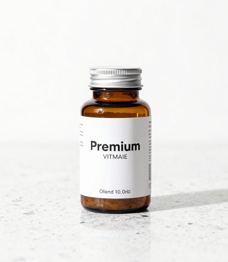 Premium amber glass vitamin bottle on a clean white granite surface, soft natural morning light, high-key studio style
