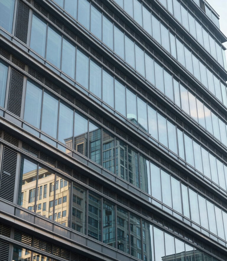 Cool architectural lines of a corporate headquarters, glass and steel facade, clinical morning light, sharp geometric angles.