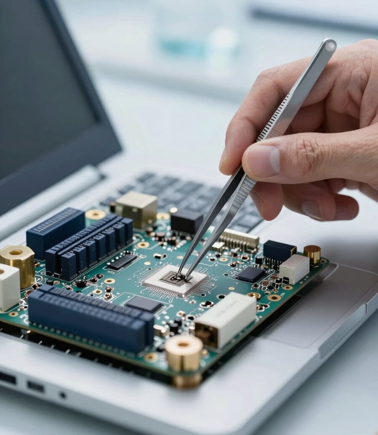 Macro shot of a technician in a clean, blue-lit lab using precision tweezers on an open laptop motherboard, sharp detail, 35mm.