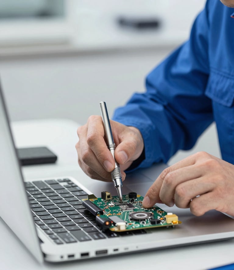 A certified technician in a clean, bright, cool-toned workshop using precision tools to repair an open laptop motherboard, blue accents.