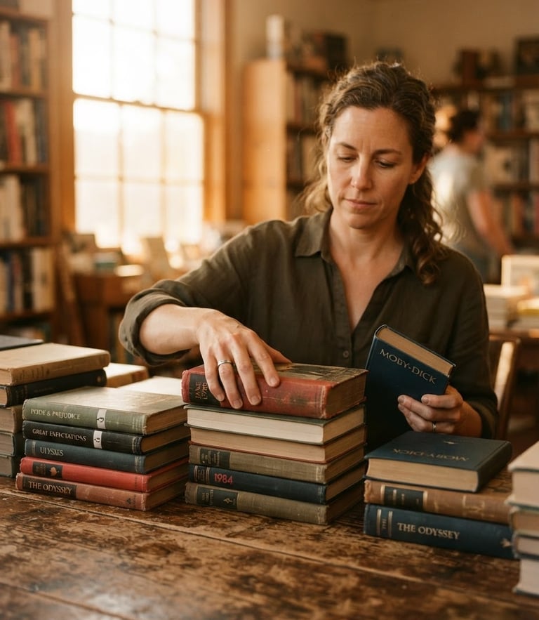 A volunteer hand-sorting a stack of classic hardcover books on a rustic wooden table, warm golden-hour light streaming through a window, shallow depth of field, 35mm photography