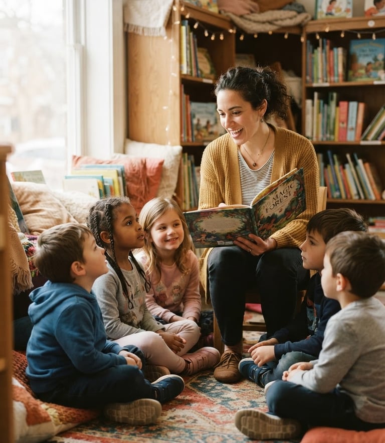 A warm, natural light portrait of an educator reading a physical book to a small circle of children in a cozy library alcove, shallow depth of field, 35mm.
