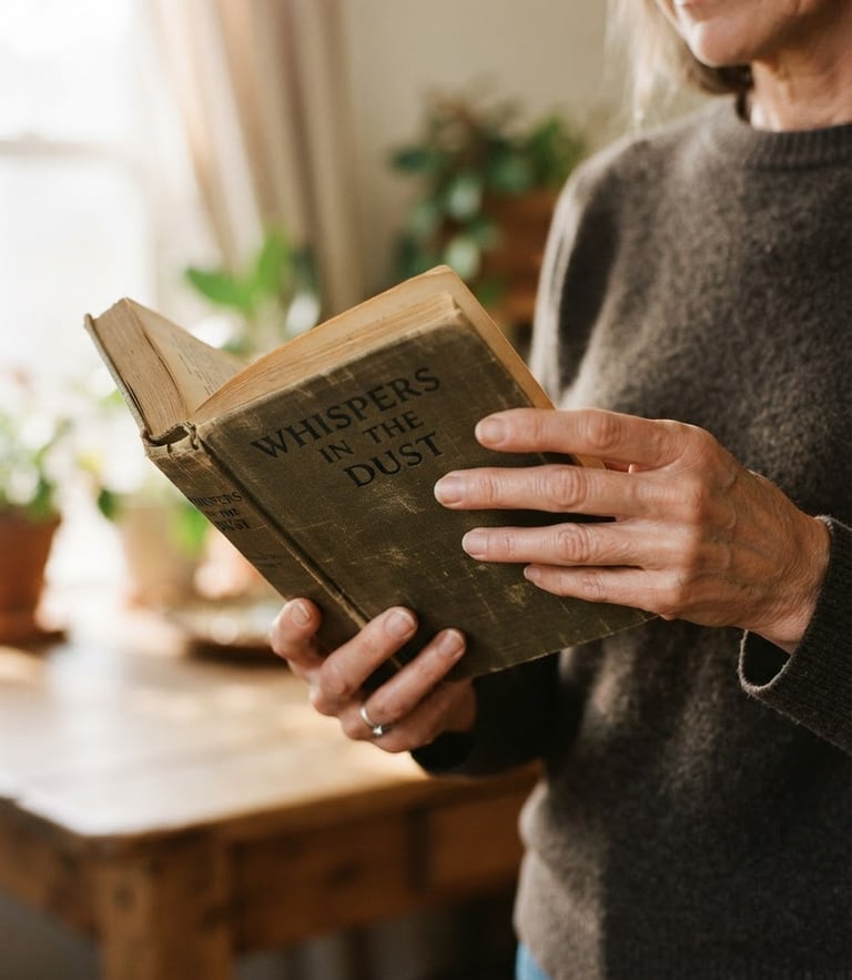 A warm close-up of hands holding a worn physical book under soft natural window light, 35mm photography
