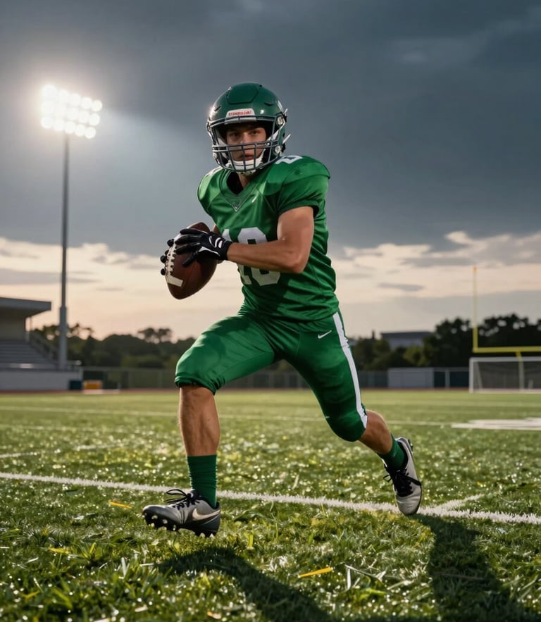 Low-angle action shot of a young football player in a green jersey sprinting with the ball on a lush turf pitch, dramatic late-afternoon stadium floodlights casting long shadows, high contrast.