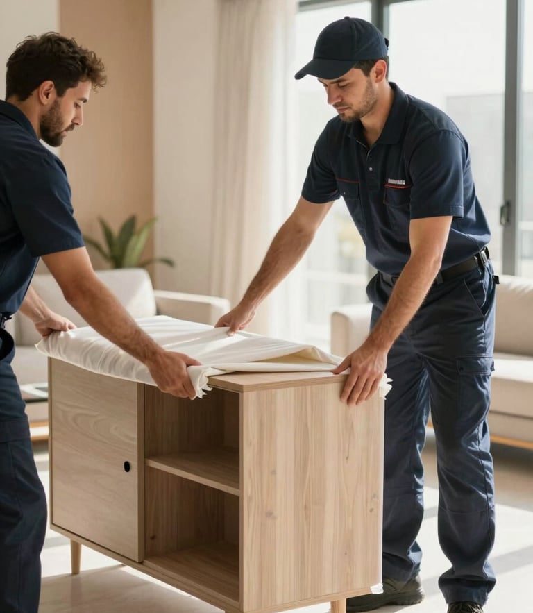 Professional mover in clean navy uniform carefully wrapping a modern wood cabinet with thick protective padding, bright natural daylight, sharp focus, 35mm