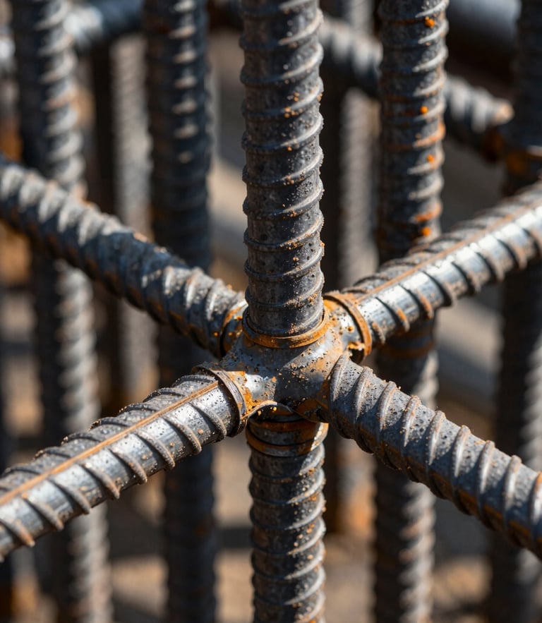 Extreme close-up of structural steel rebar joints, bright midday sun highlighting dust and steel textures, industrial editorial photography, sharp focus, 35mm