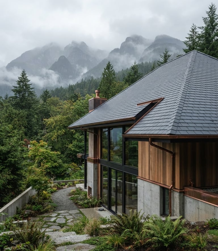 Low-angle architectural shot of a modern home with a pristine dark slate roof against a misty North Vancouver mountain backdrop, overcast daylight, 35mm lens.