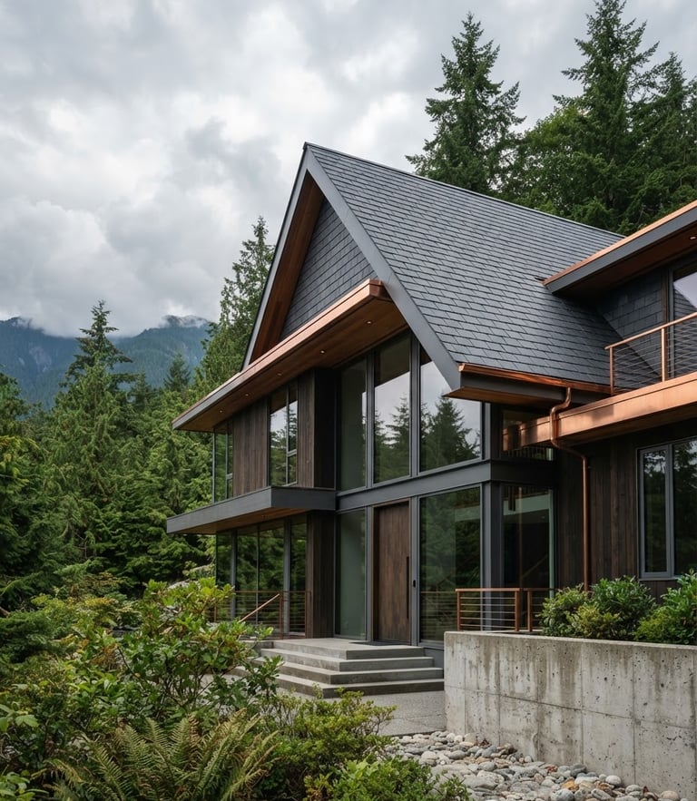 Low-angle architectural shot of a modern home in North Vancouver with a dark slate shingle roof, overcast coastal sky, clean lines, sharp details