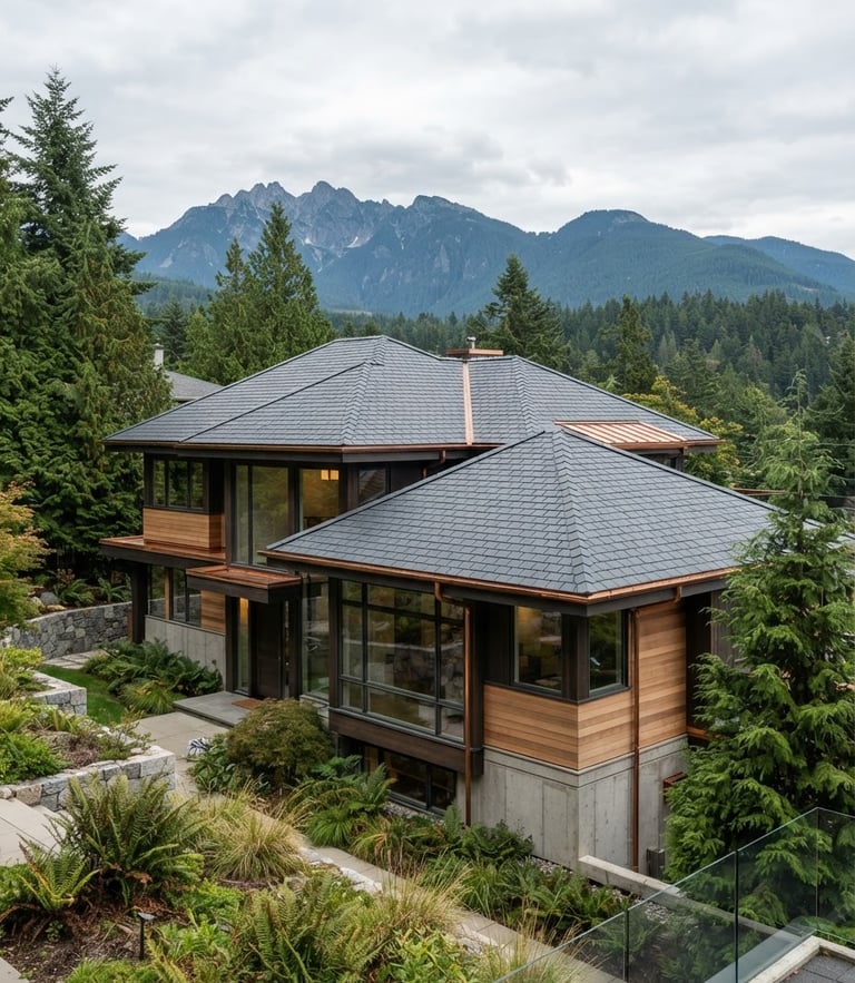 A stunning architectural home in North Vancouver with a newly installed slate roof, crisp overcast coastal daylight, clean rooflines against mountains