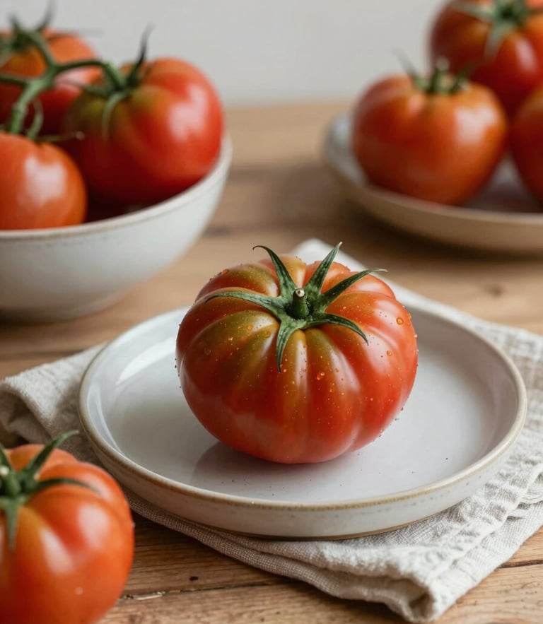 Soft natural side-light on a rustic wooden table with fresh heirloom tomatoes, ceramic bowl, linen napkin, cozy Scandinavian aesthetic, shallow depth of field, 35mm