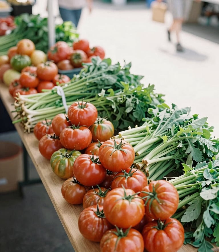 Overhead shot of a bustling local farmers market in a sunlit square, long wooden tables stacked with colorful heirloom tomatoes and fresh greens, soft natural side-light, 35mm.