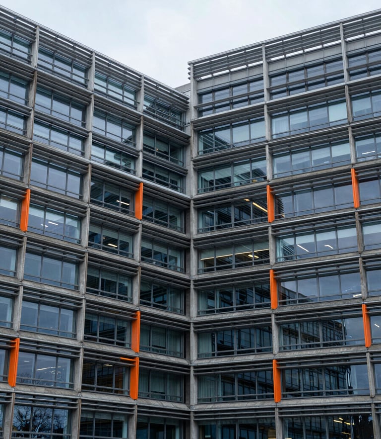 Architectural detail of the European Commission building in Brussels, cool overcast daylight, structured concrete and glass facade, 35mm lens
