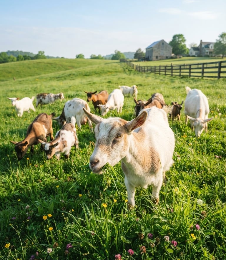 Bright natural photography of healthy goats grazing in a clean, spacious, sunlit green pasture under morning sunlight, sharp focus.
