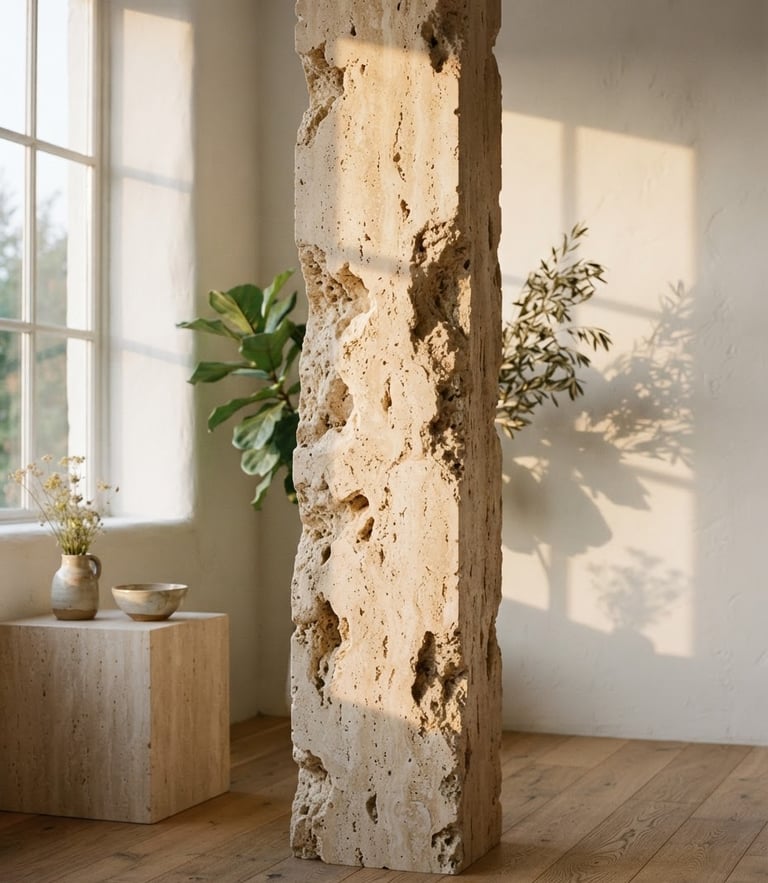 Sculptural travertine stone column casting soft shadows under golden-hour window light, warm ivory tones, minimalist composition, 35mm photography