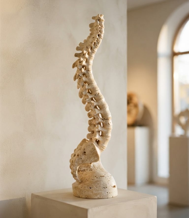 Sculptural travertine stone model representing the elegant curves of the human spine, captured in warm golden-hour side light with soft shadows, minimal art gallery setting, 35mm photography.