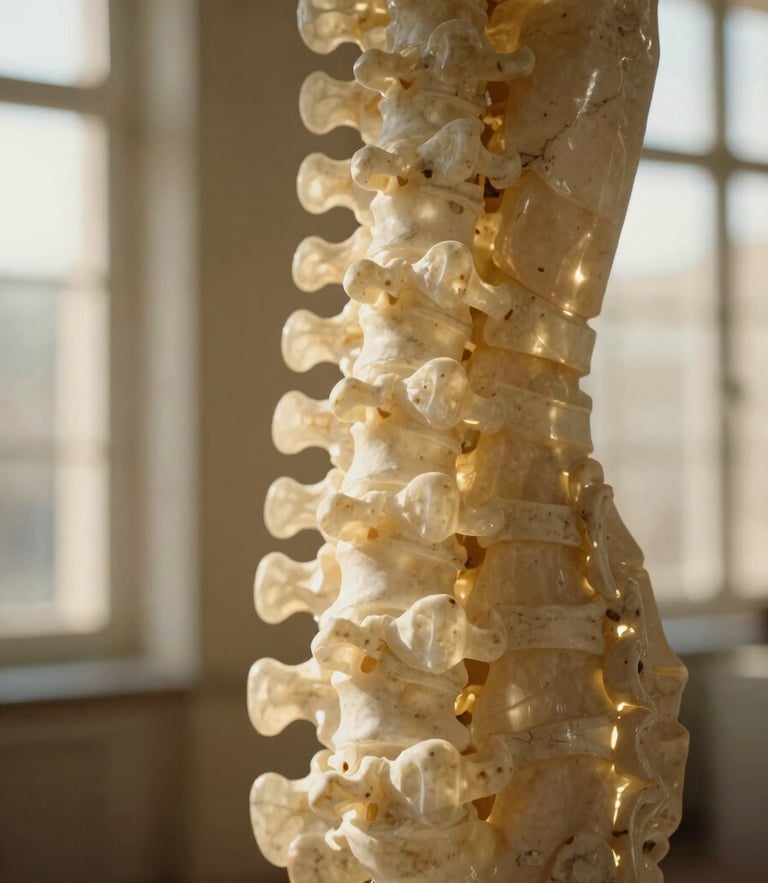 A close-up sculptural study of a stylized alabaster spine model, warm golden light filtering through linen, soft shadows, museum gallery setting, 35mm