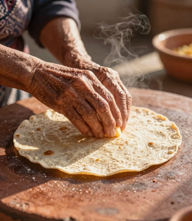 Hands of an elderly Mexican woman carefully shaping a fresh corn tortilla, warm golden hour sunlight illuminating the steam, rustic clay comal in the background, warm terracotta tones, shallow depth of field, 35mm