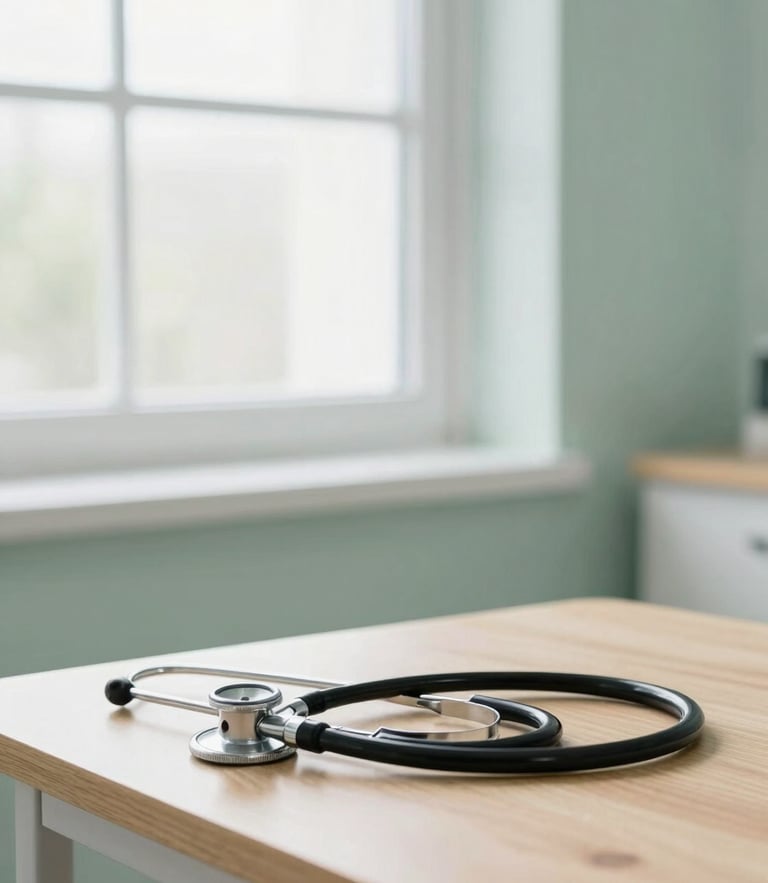 Bright medical consultation room with soft window light, clean green sage accents, a wooden desk and a modern stethoscope, professional setup